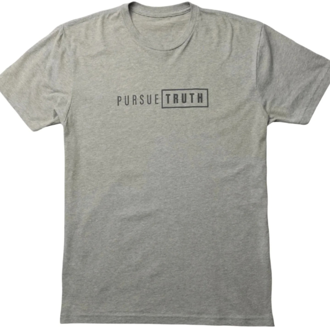 Front: Pursue Truth unisex tee in heather grey, front view, centered text print
