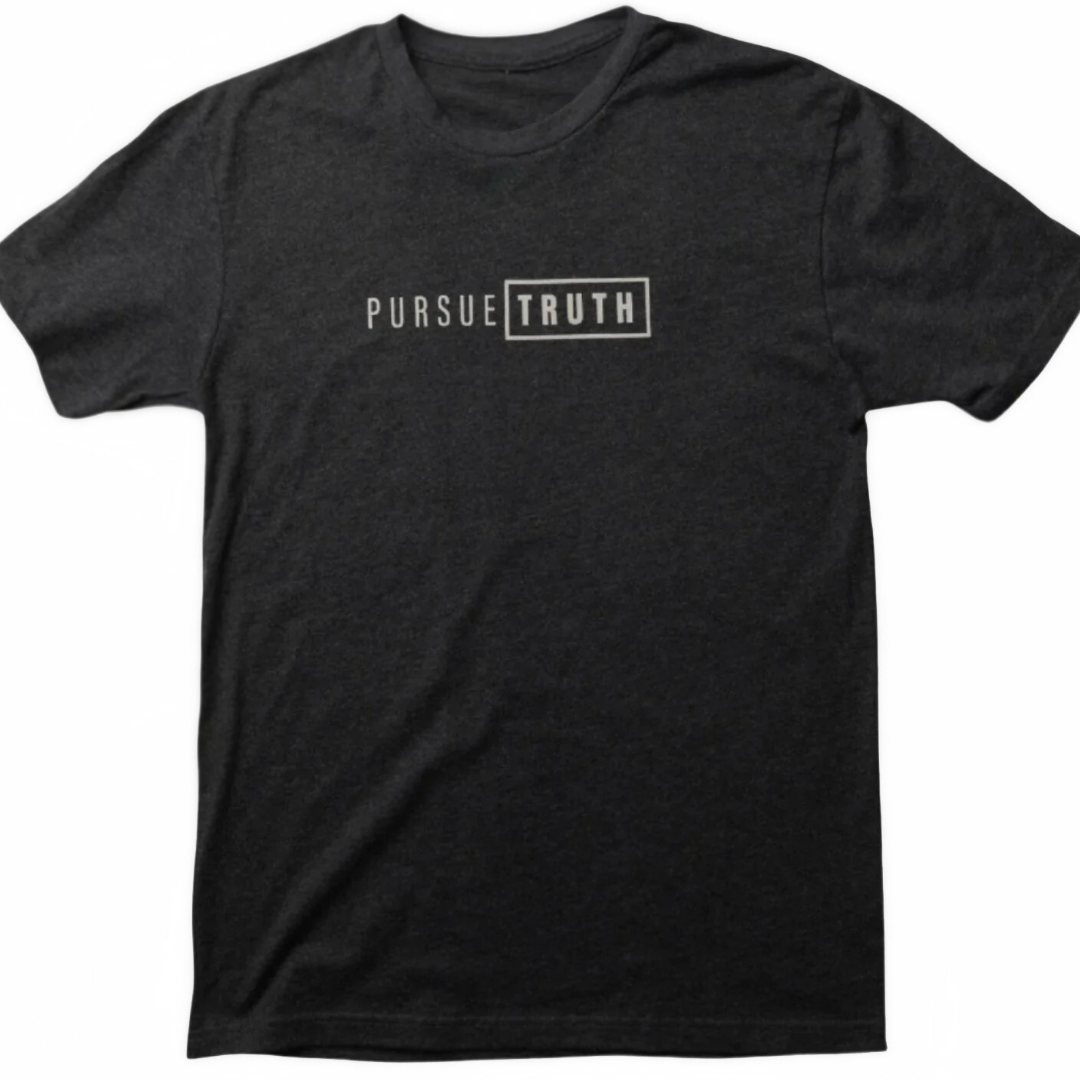 Front: Pursue Truth unisex tee in charcoal, front view, centered text print