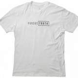 Front: Pursue Truth unisex tee in white, front view, centered text print